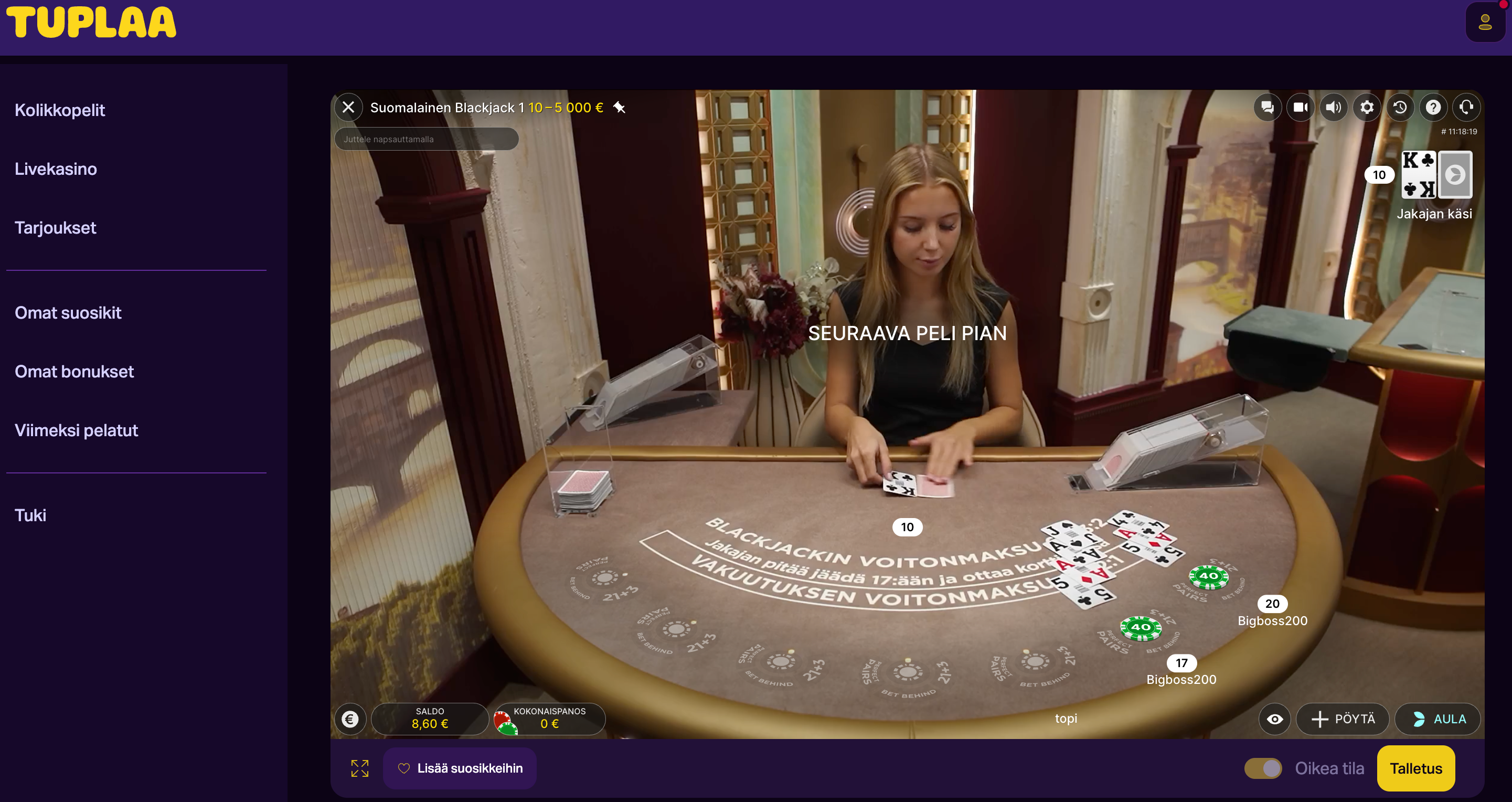 Evolution Gamingin suomalainen live blackjack Tuplaa Kasinolla