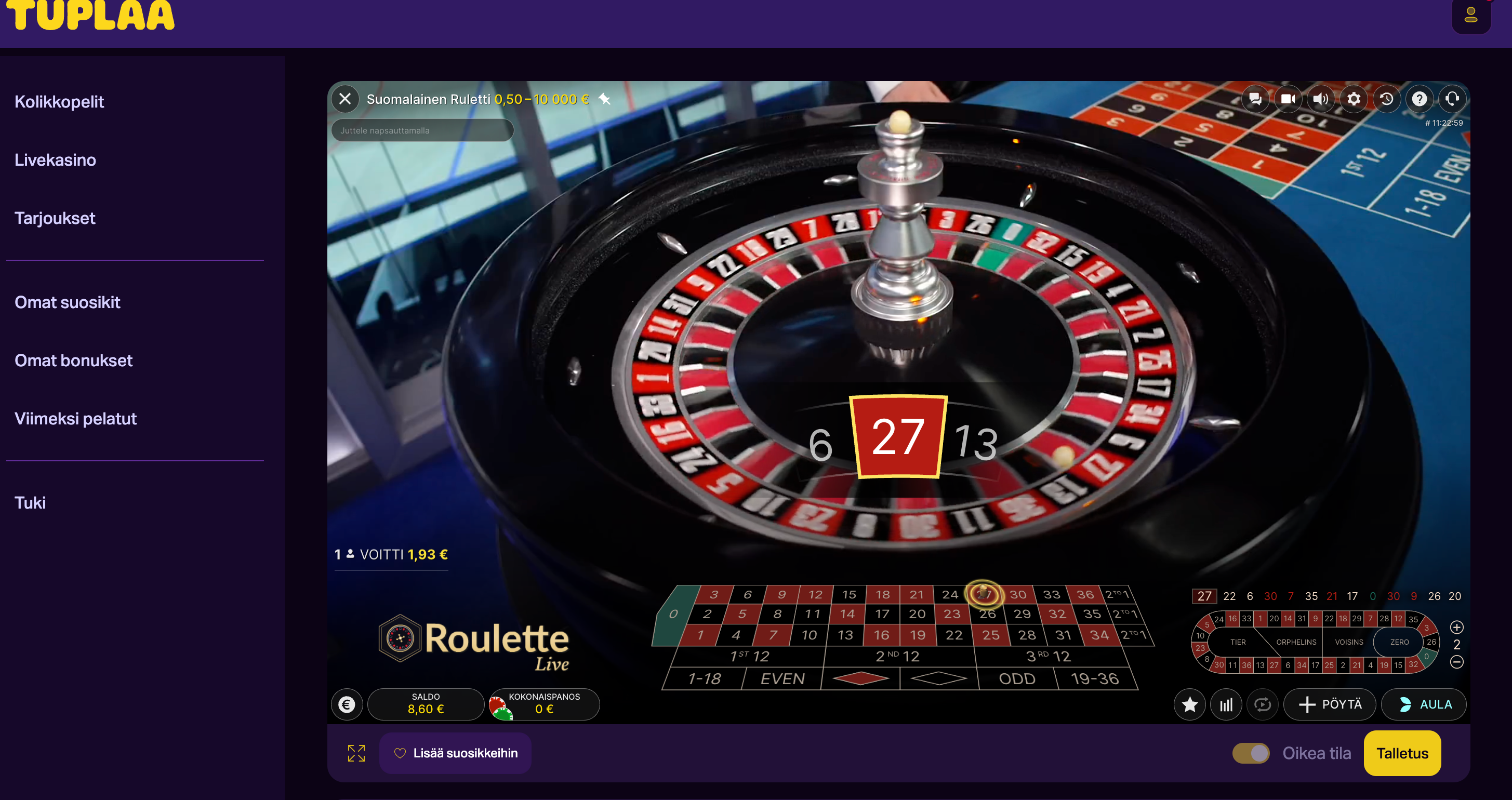 Evolution Gamingin suomalainen live ruletti Tuplaa Kasinolla